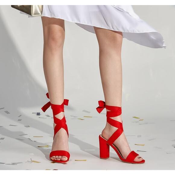 Trary Red Lace-Up Chunky Heels for Women Strappy, Comfortable Wide Width, 3-Inch - Picture 1 of 4
